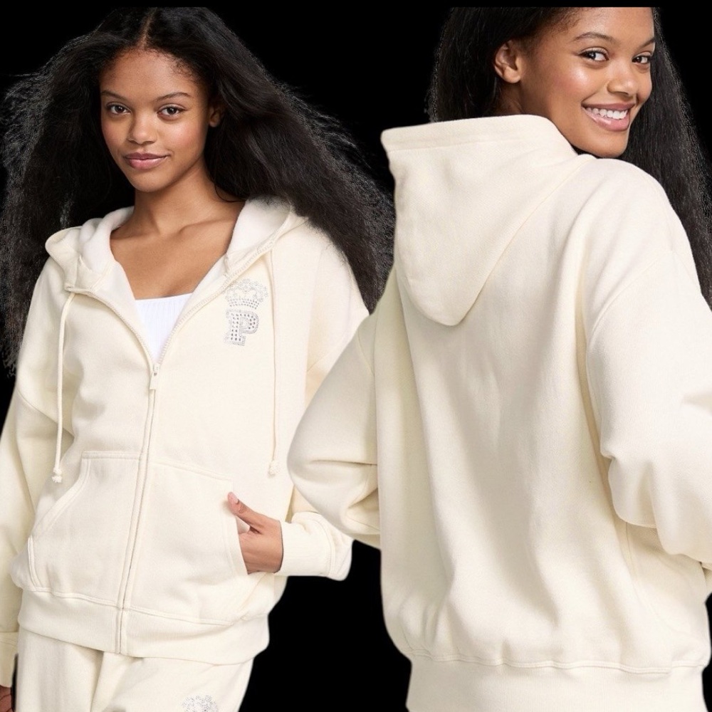 PINK LG Limited-Edition White Shell BLING FLEECE CAMPUS FULL-ZIP HOODIE
